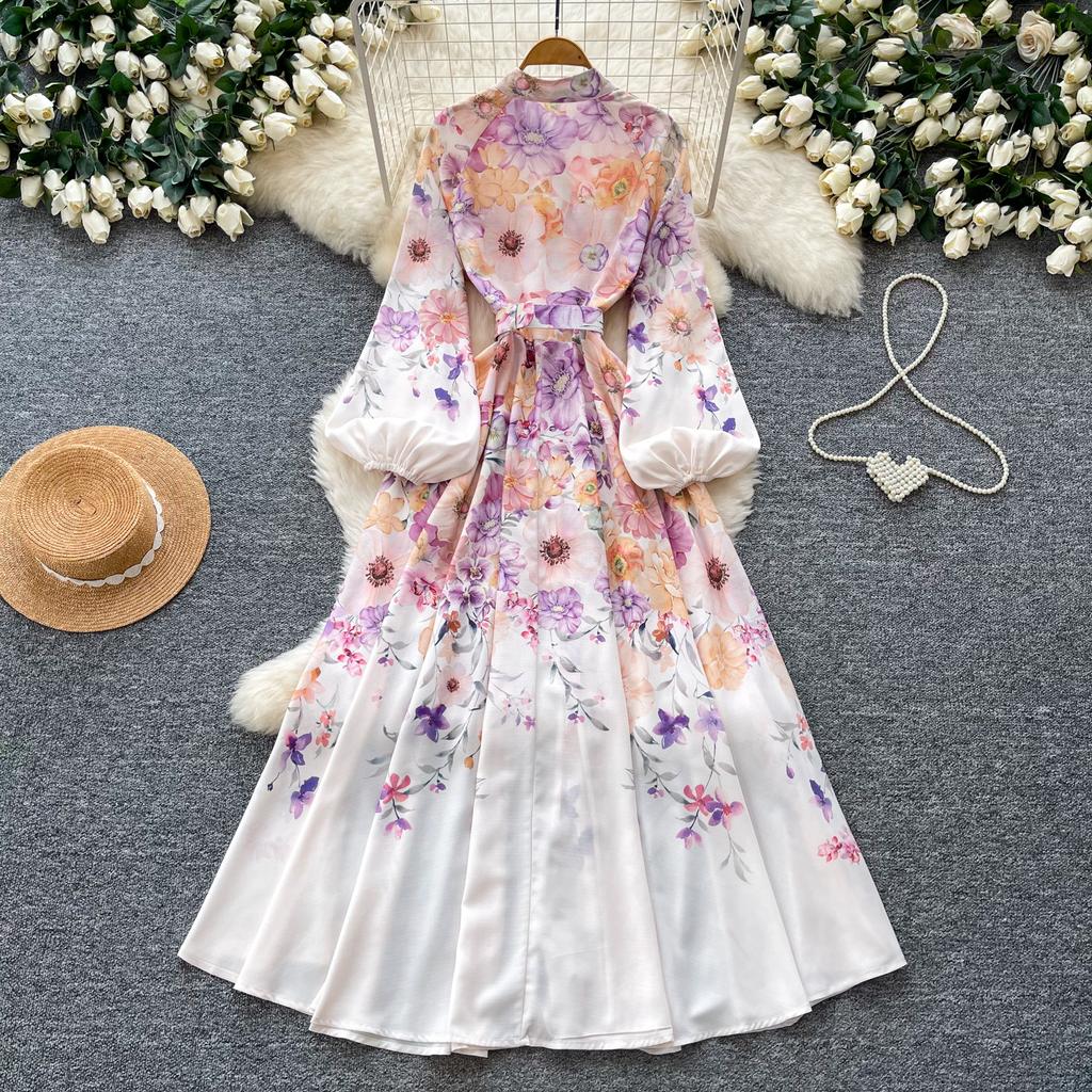 Spring/Summer Romantic Floral Print Stand-Up Collar Bell-Sleeve Slimming Party Dress for Women Elegant Single-breasted Maxi Dress with Belt