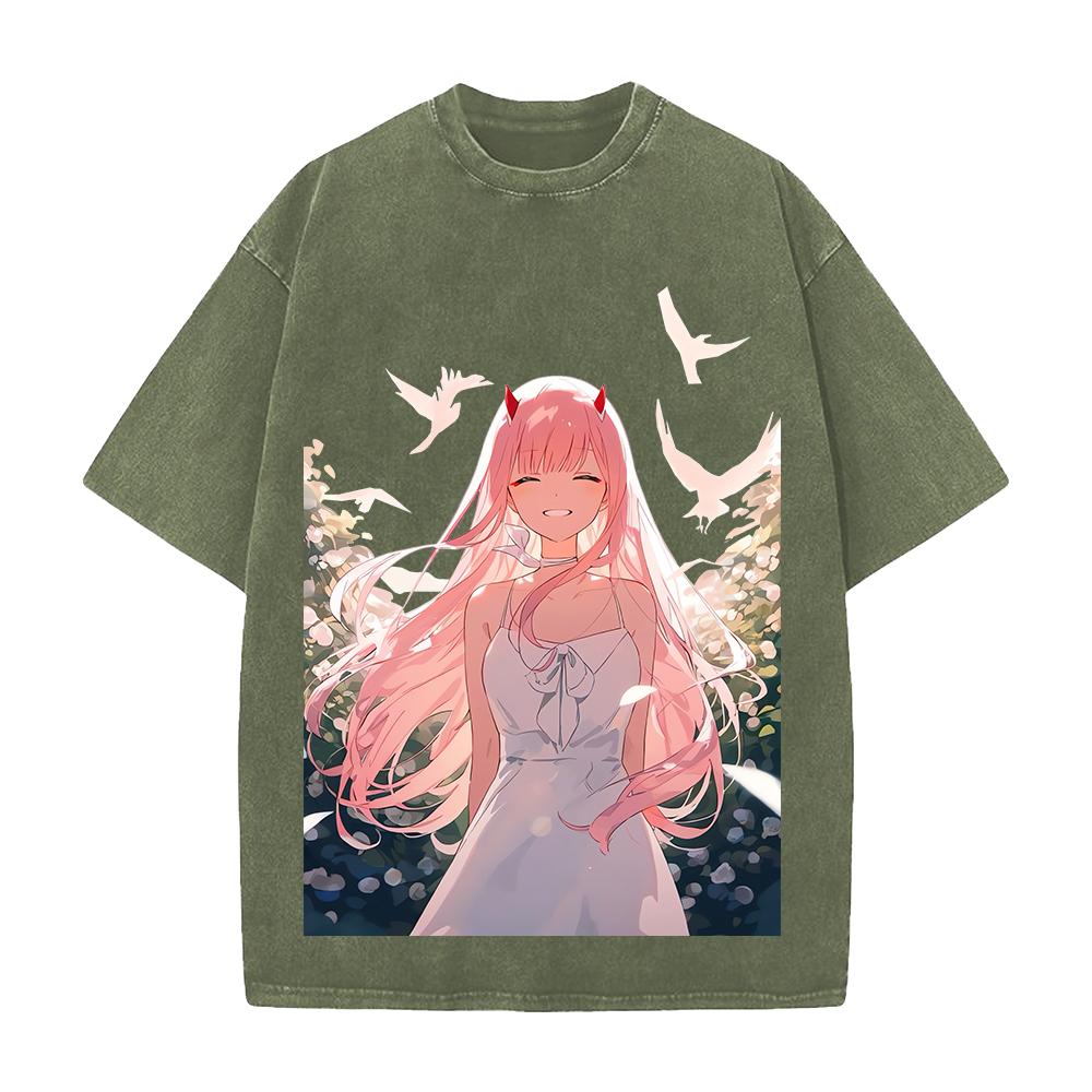 DARLING in the FRANXX Zero Two Printed Tee Men Women Short Sleeve Cotton Tshirts Vintage Washed T-shirt Oversized Streetwear