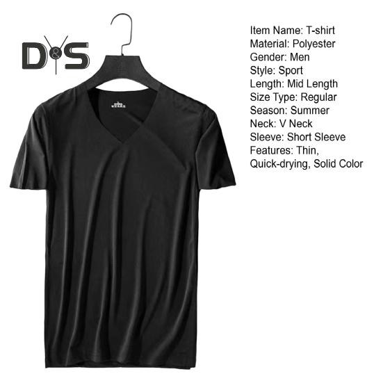 Men Summer T-shirt V Neck Thin Ice Silk Solid Color Thin Stretchy Pullover Mid Length Sweat Absorption Quick-drying Sport Fitness Top