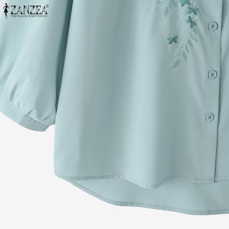 ZANZEA Women Casual Round Neck 3/4 Sleeve Loose Embroidery Print Blouse
