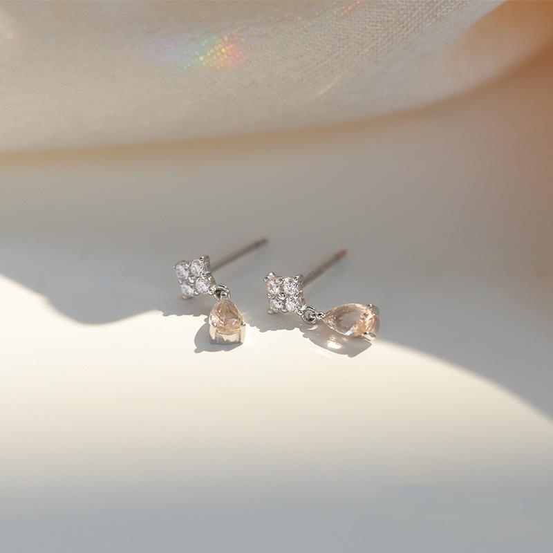 925 Sterling Silver Tea-Colored Teardrop Crystal Stud Earrings - Women's Summer Earrings with High Design Sense