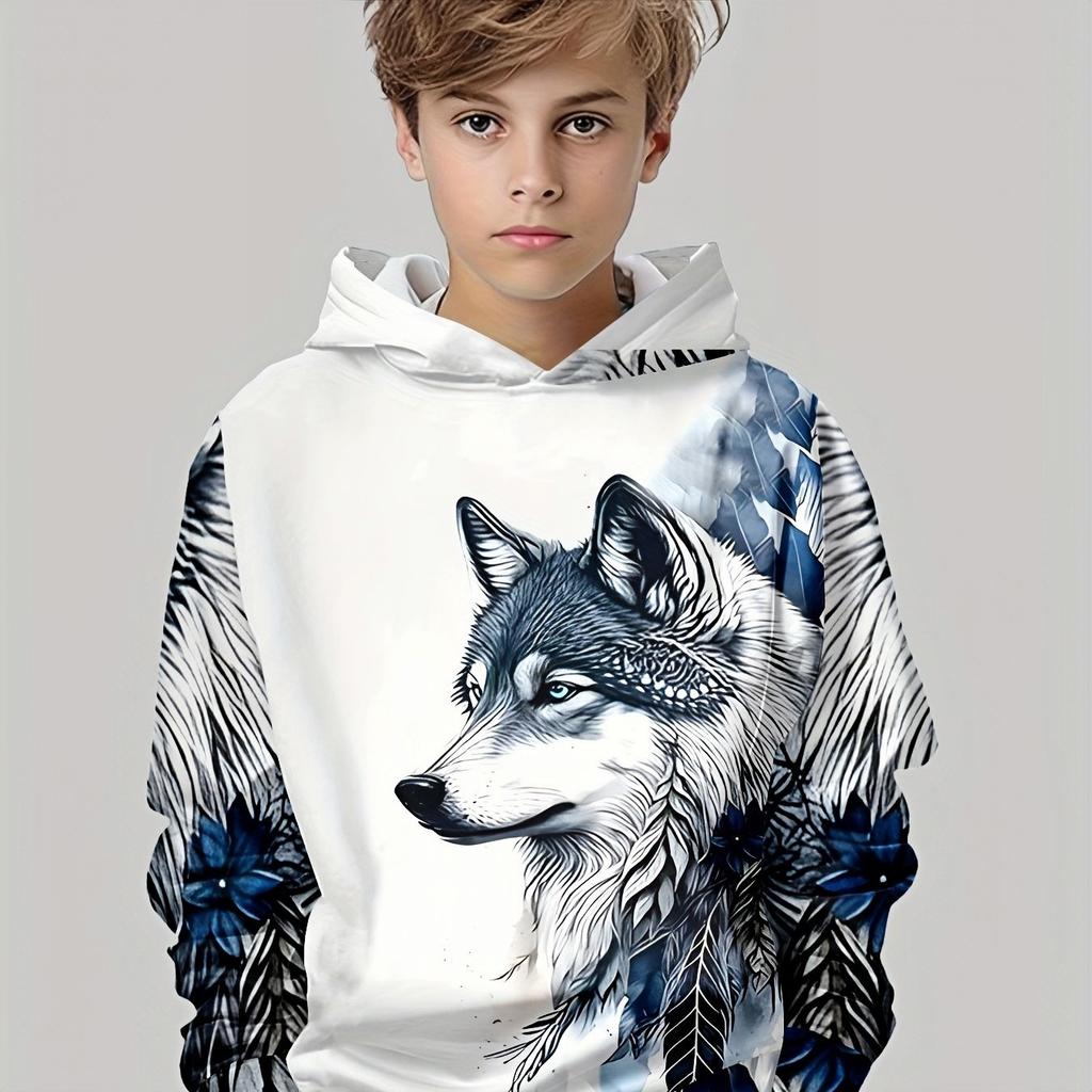 Boy's Wolf Totem 3D Printed White Hoodie, Blue and White Ink Style Fashionable Boy's Hoodie