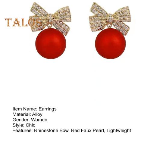 1 Pair Women Earrings Rhinestone Bow Red Faux Pearl Stud Earrings New Year Ear Studs Prom Dating Party Earrings New Year Gift