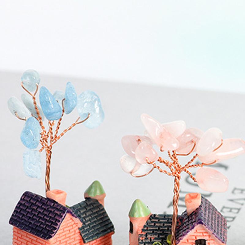 Crystal Mini House Ornament Decorative Crafts Natural Crystal Tree Crushed Stone Wealth Tree Cabin Garden Home Decoration