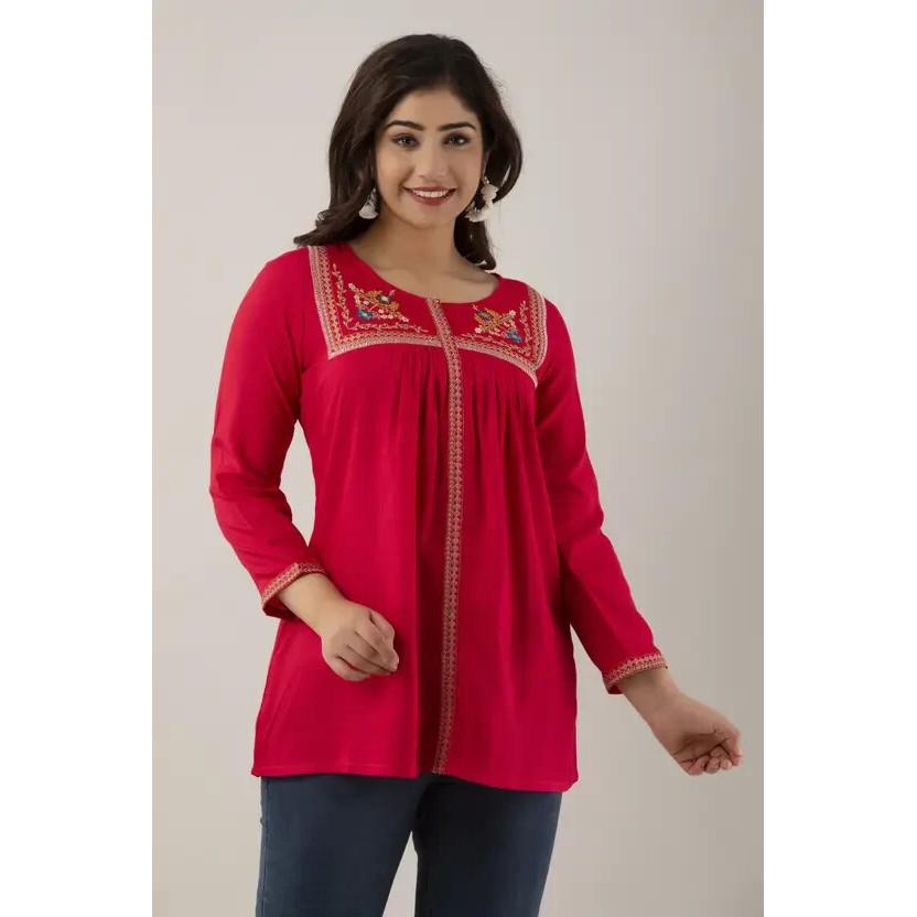Indian Embroidered Rayon Straight Kurta Top Women Party Wear Top Tunic Kurti VF-20213