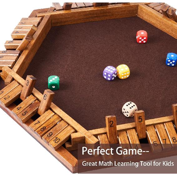 Vamslove Shut The Box Dice Game Wooden Board (L15 X W13) for 1 2 3 4 5 6 Player, 6 Sided 10 Numbers Math Games with 16 Dices for Kids