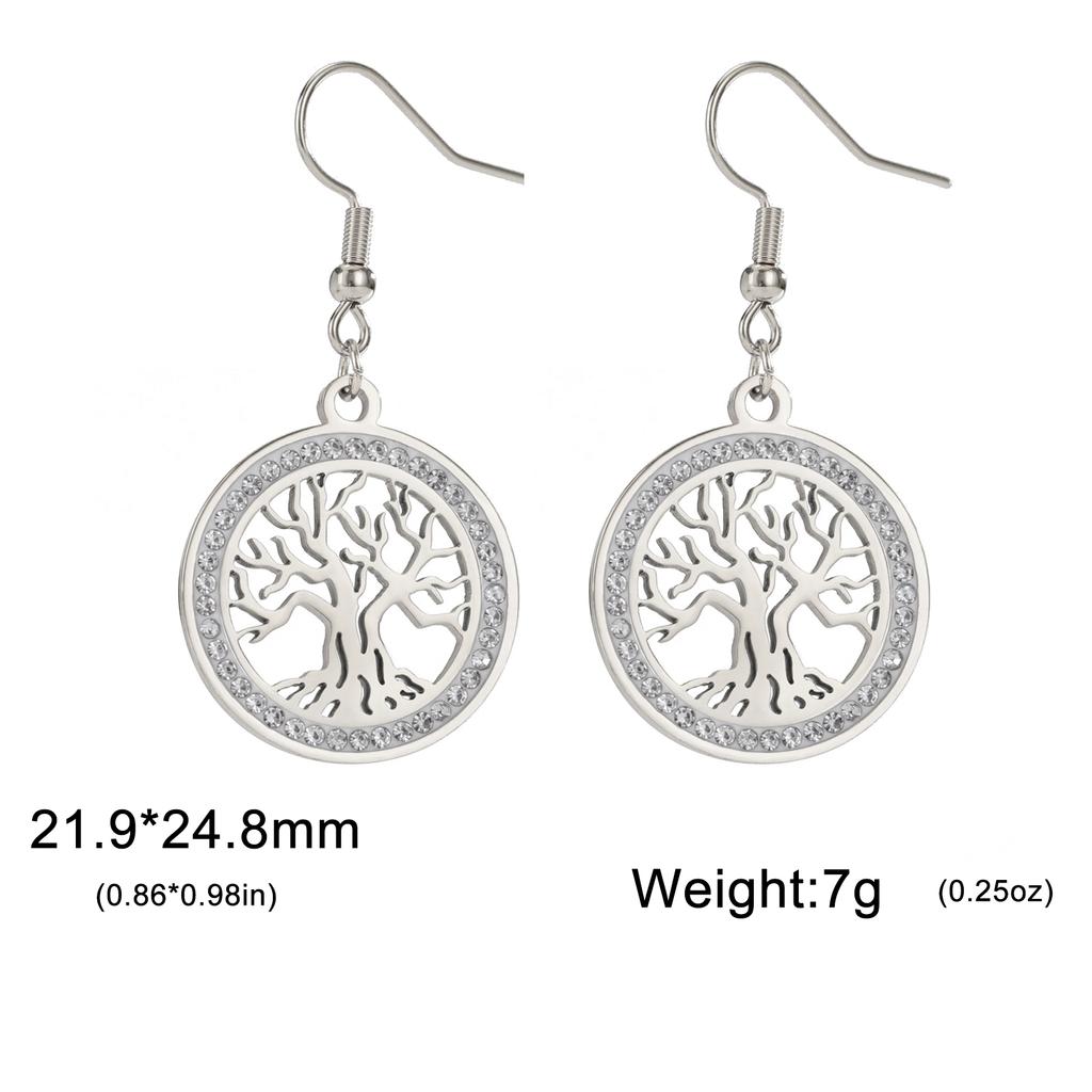 Tree of Life Women's Earrings Stainless Steel Gold Clear Zircon Round Pendant Dangle Earring Amulet Jewelry Gift