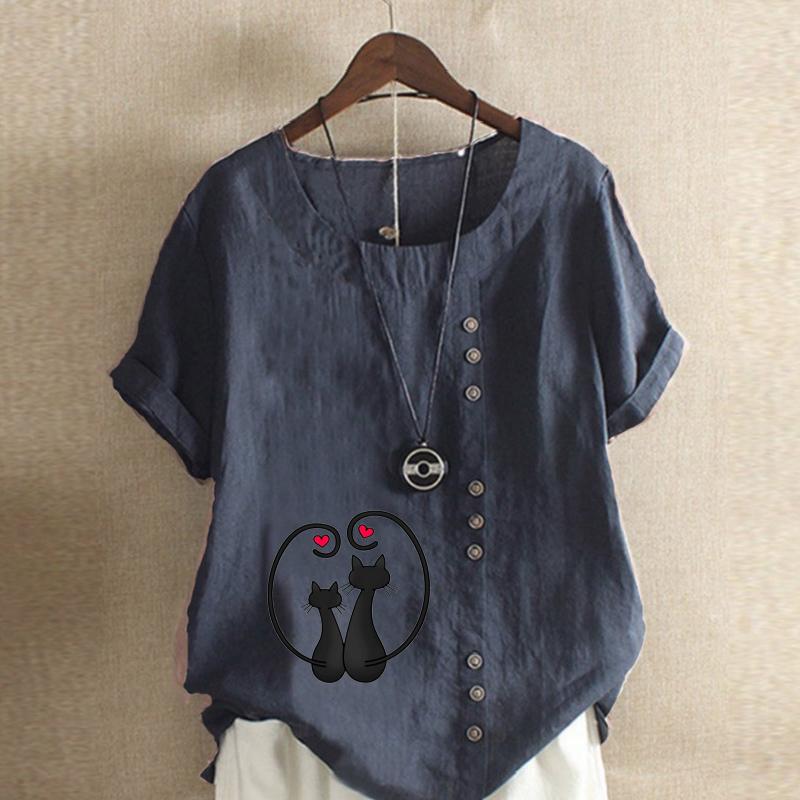 Damenmode Schwarze Katze bedrucktes Kurzarm-T-Shirt Locker Baumwollhemd Lässige lockere Sommerbluse Übergrößen-Tops