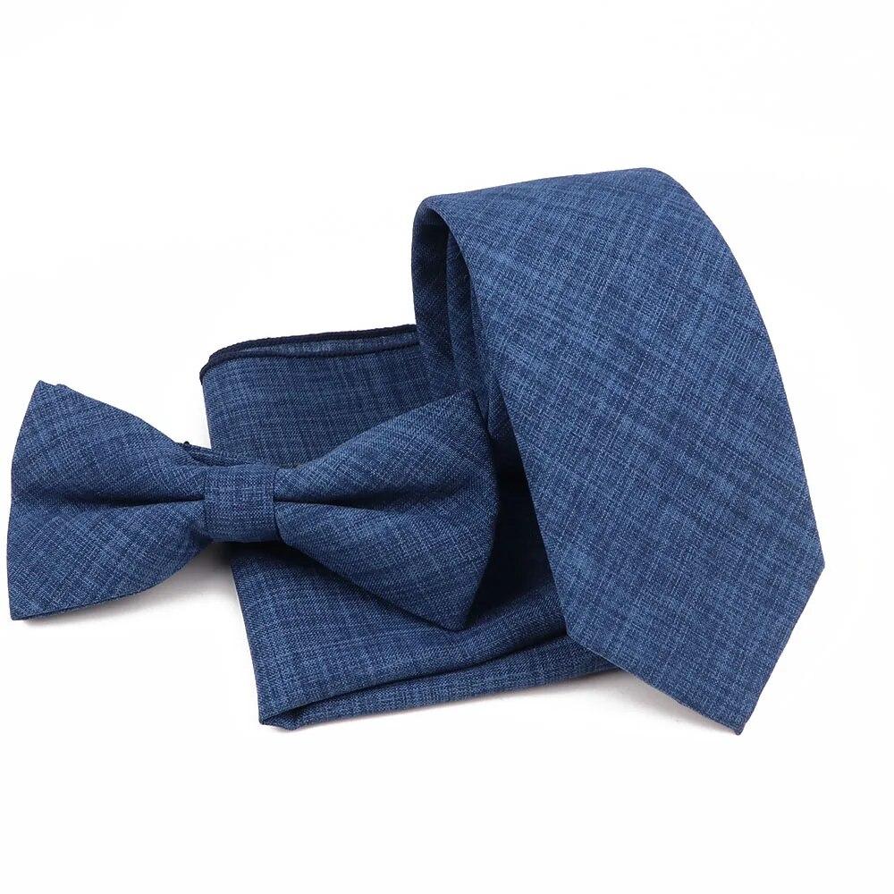 Men Fashion Solid Color Cotton Tie Bowtie Handkerchief Set Wedding Party Butterfly Necktie