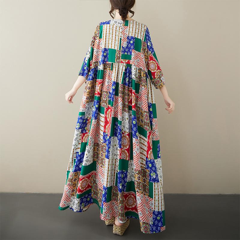 DIMANAF Plus Size 2025 Women Summer Short Sleeve Dress Basic Casual Loose Vintage Printing Long Dress New