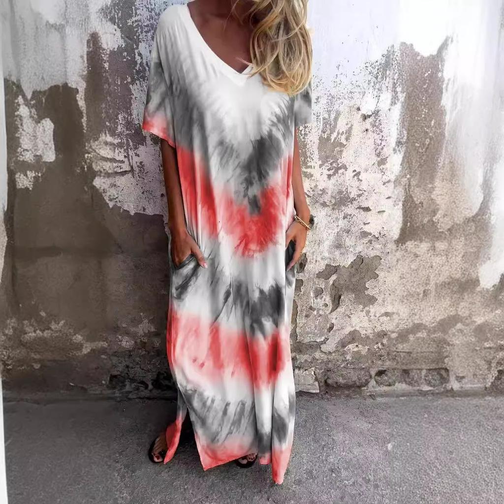 Summer New European And American Style Women'S Clothing Casual Loose Short-Sleeved V-Neck Split Fork Gradual Change Tie-Dye Long Dress