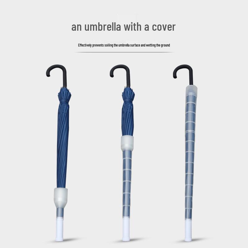 Large Automatic Long-Handled Umbrella with 16 Ribs, Curved Handle, and Waterproof Cover for Sun and Rain.