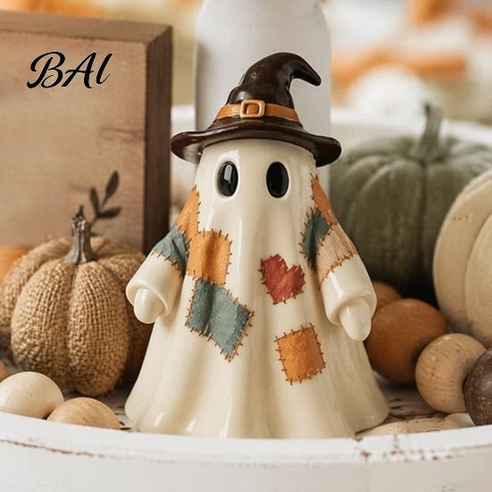 Halloween Tabletop Ornaments Lighted Vintage Patchwork Ghost, LED Light Up Ghost with Pumpkin Lantern, Spooky Indoor Party Supplies Cute Decor