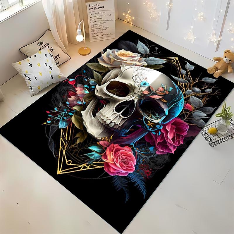 Schädel- und Blumenmuster-Teppich mit Rosen und abstrakten Elementen, geeignet als Antirutsch für Wohnzimmer, Schlafzimmer, Sofas