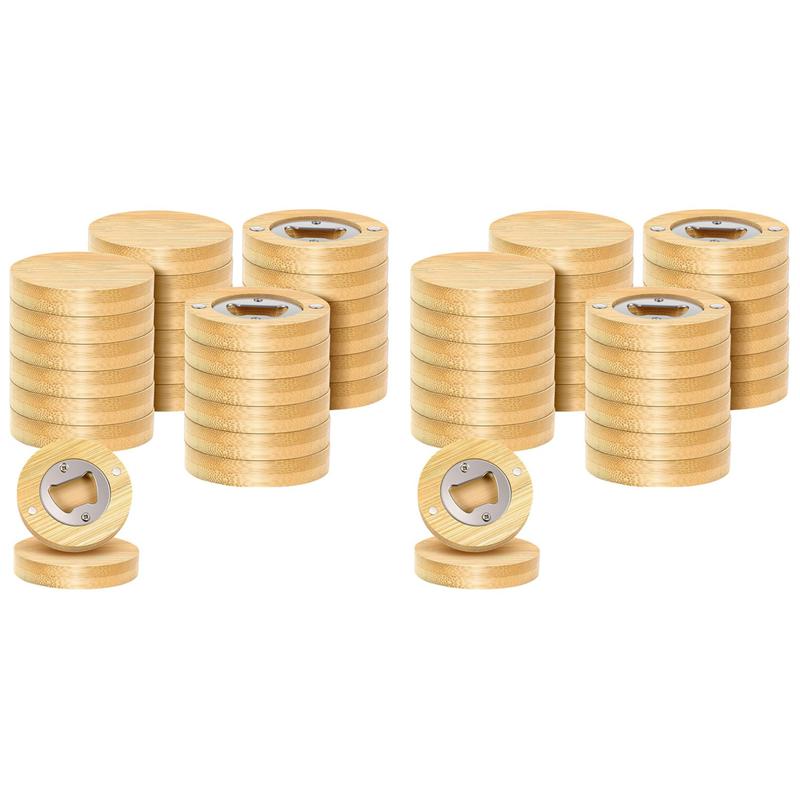 48 Counts Magnetic Bottle Opener 2.5In DIY Bamboo Round Shape Beer Openers Wooden Fridge Magnet Refrigerator Sticker