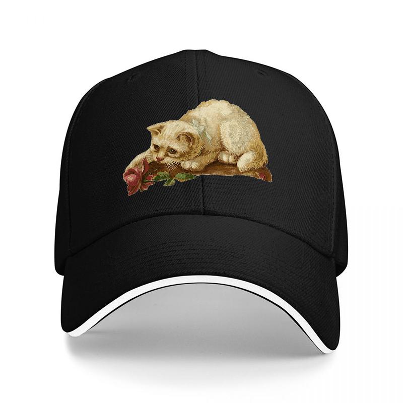 Cute Cat with Rose Embroidered Baseball Cap Classic Black Adjustable Hat for Unisex and Women Fashionable Streetwear Accessory