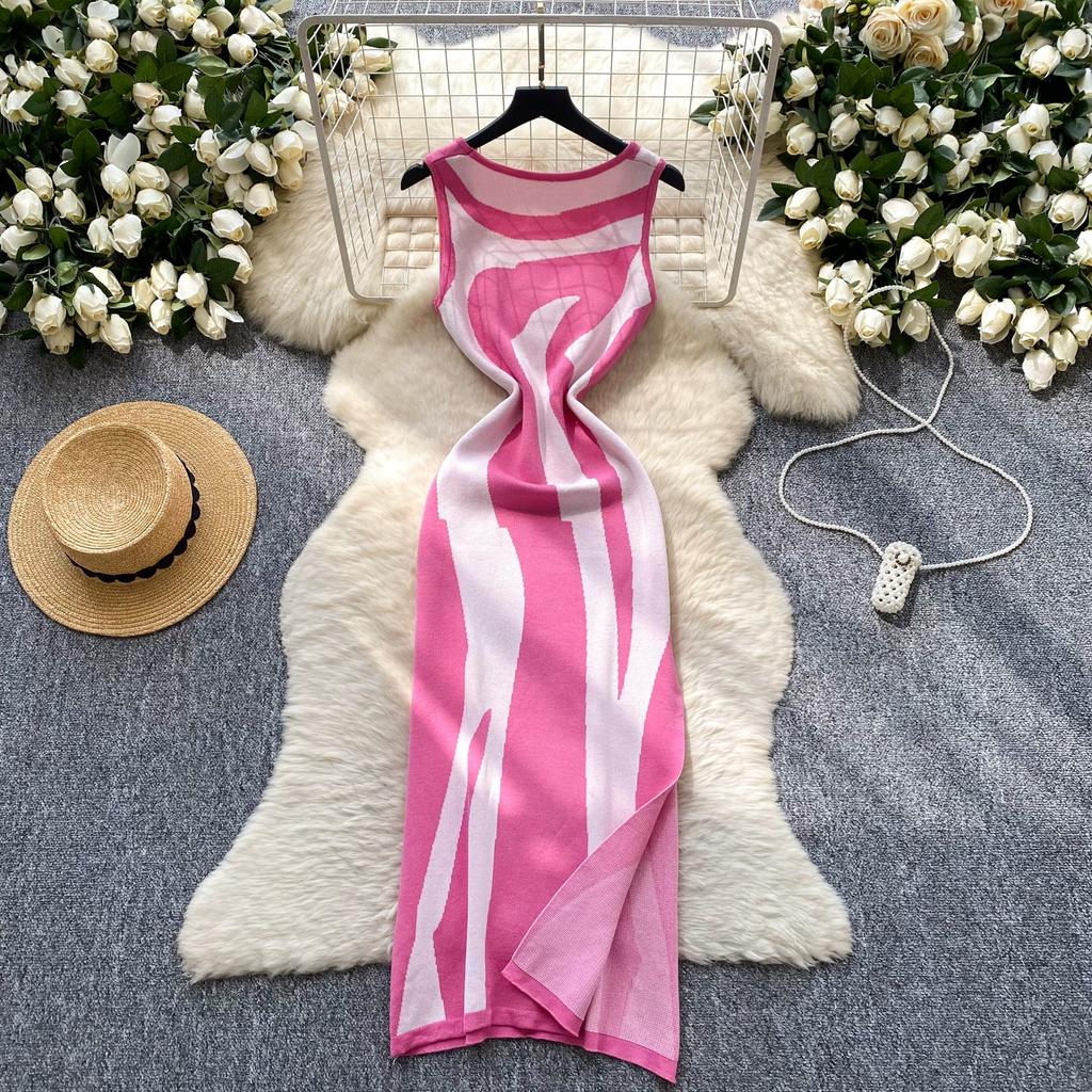 Summer Women Sleeveless Striped Knitted Sweater Office Work Slim Bodycon Split Dresses