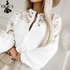 Camicette e camicie in pizzo con scollo a V a maniche lunghe con stampa tinta unita autunno inverno moda casual da donna