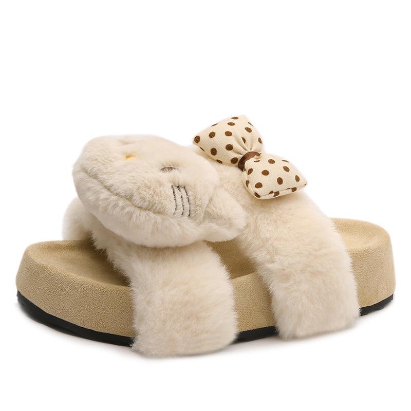 Cute Mao Mao cartoon KT cat bow Mao Mao slippers women's 2025 autumn and winter new one-word parallel bar cotton slippers