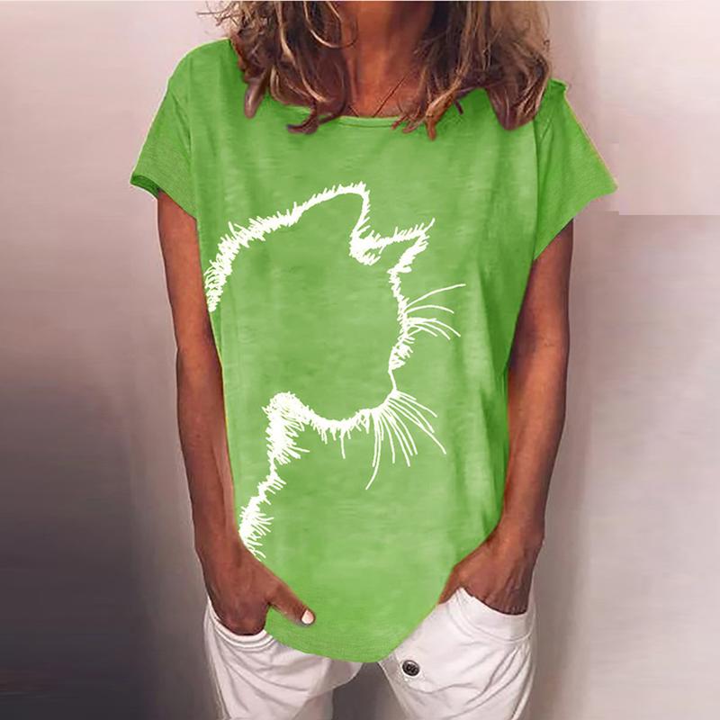 

Женская летняя футболка тренд принт котенка ретро мода футболки с коротким рукавом повседневные принтованные топы 6XL зелёный