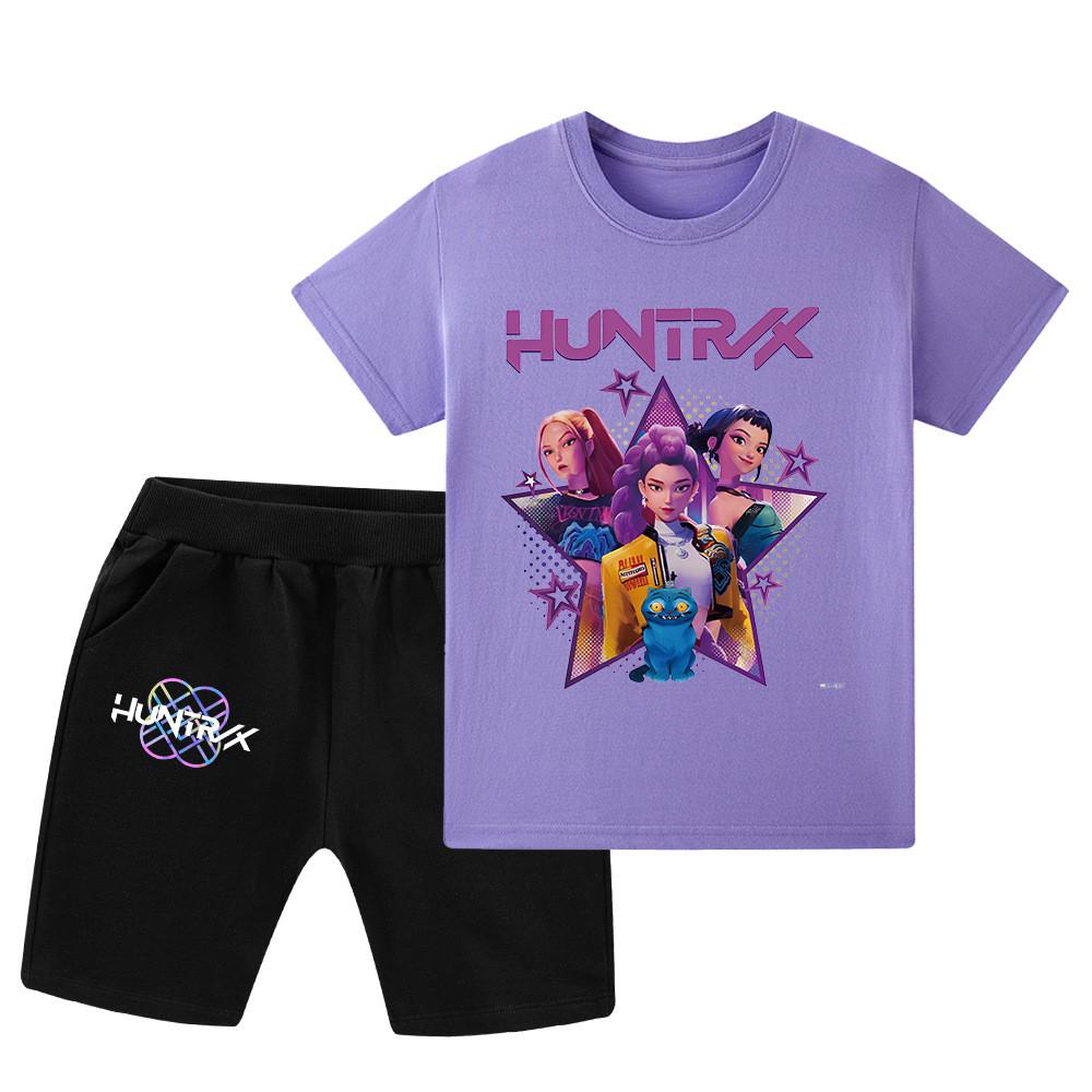 

WA1220 Kids Boys Girls Kpop Rumi Zoey Mira Print Short Sleeves T-shirt Shorts Pants Sets 160cm фіолетовий