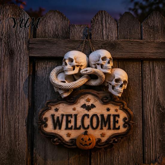 Entrance Door Ornament Halloween Wooden Welcome Sign, Spooky Skull Frog Crow Witch Hanger, Festive Holiday 2D Wall Hanging Sign for Home Party