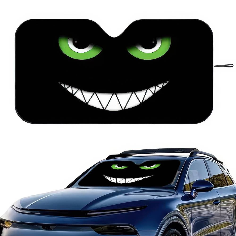 Car Cartoon Devil Eye Demon Smiling Face Car Sun Shade Windshield Shocked Car Front Window Sunshades Cover Keep Vehicle Cool UVWindshield Sunshades 1
