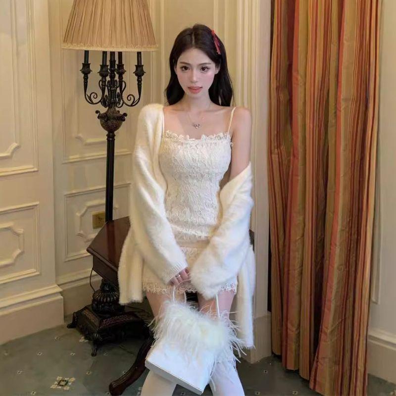 Real Shot of Early Spring Pure and Desirable Style, Gentle Temperament, Slim-Fit Lace Camisole Dress + Knitted Cardigan Fashion Set for Women