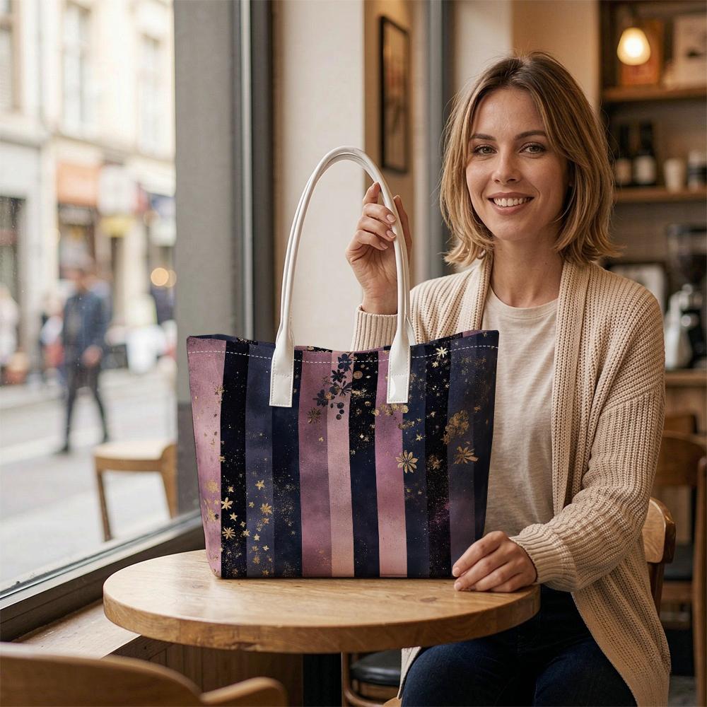 Purple Striped Tote Bag with Gold Star Print Elegant Fashion Casual Large Capacity Ladies Shoulder Handbag for Daily Shopping Work Use