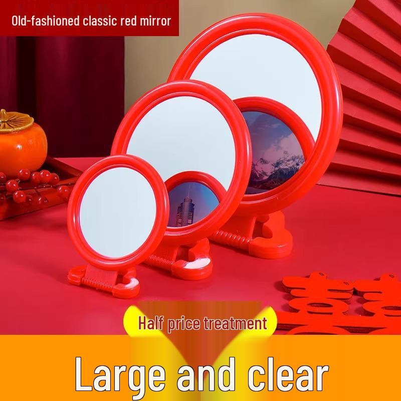 Vintage Red Plastic Round Makeup Mirror - Wall or Tabletop, Handheld, Wedding Bridal Mirror