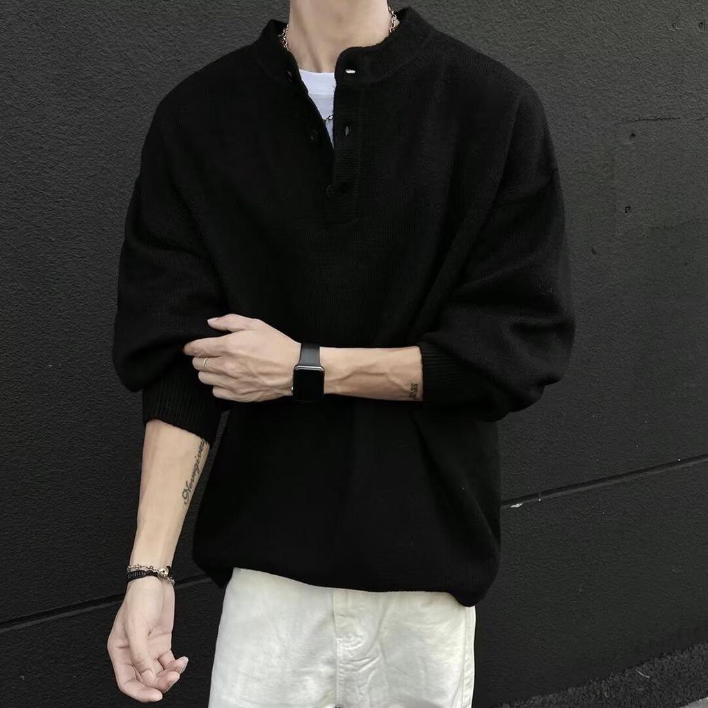 Men's Black Retro Henley Sweater - Lazy Spring/Fall Knit Top