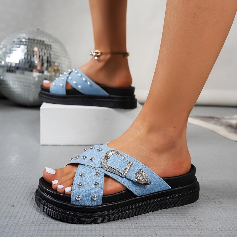 New buckle cool slippers beach rivet slippers cross summer fashion casual outerwear women's thick bottom