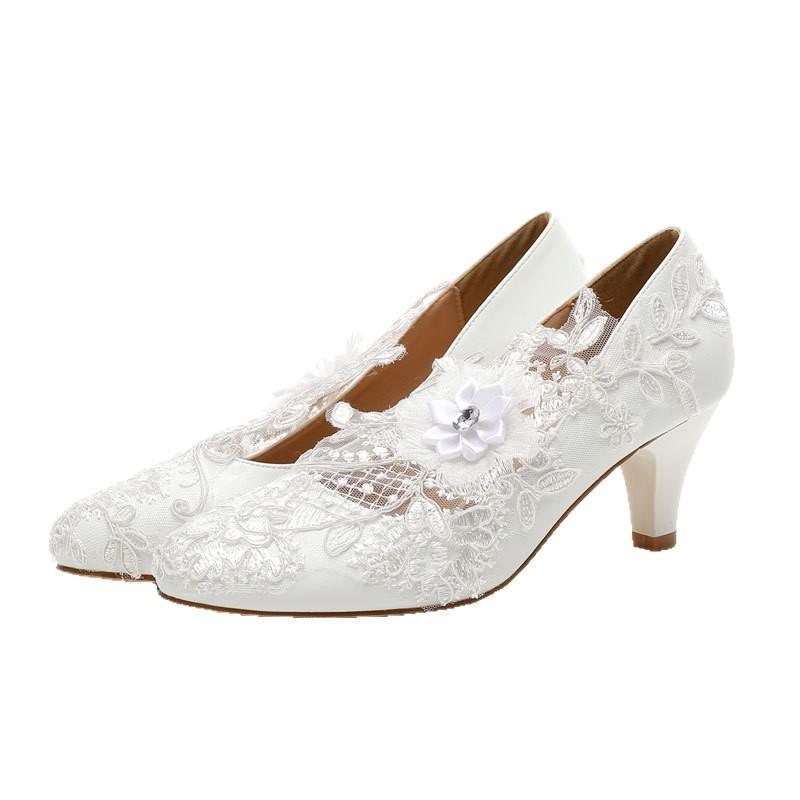 White lace high heels waterproof table round head wedding shoes large size fashion women's shoes rhinestone shoes flower bridesmaid shoes 43