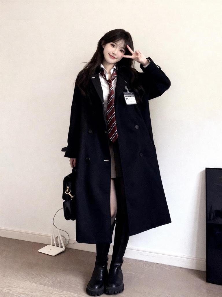 Women's Black College Style Trench Coat - Spring/Autumn 2025 Petite Mid-Length JK Uniform