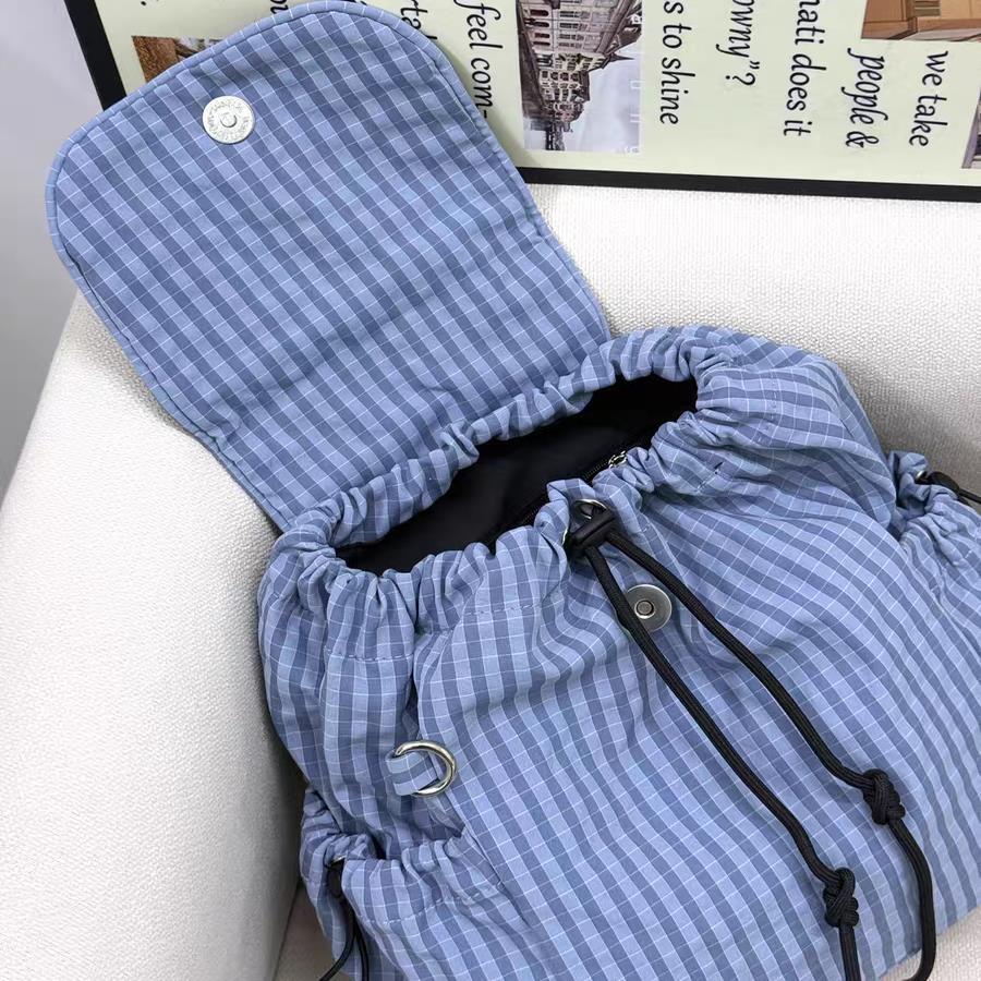 Korean Blue Plaid Canvas Backpack Women's 2025 New Large-capacity Drawstring Backpack College Style Commuter Schoolbag