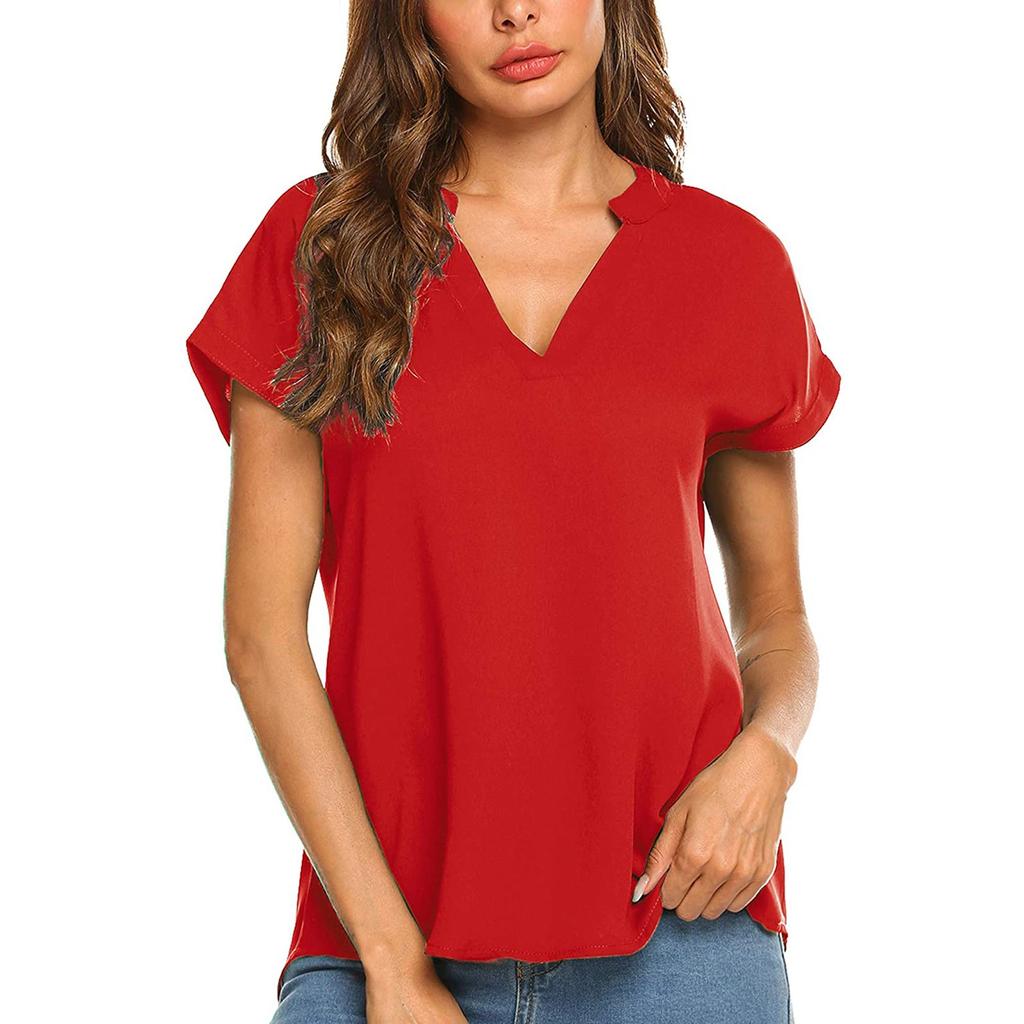 T-Shirt d'été à manches courtes et col en v pour femmes, chemisier en mousseline de soie, couleur unie