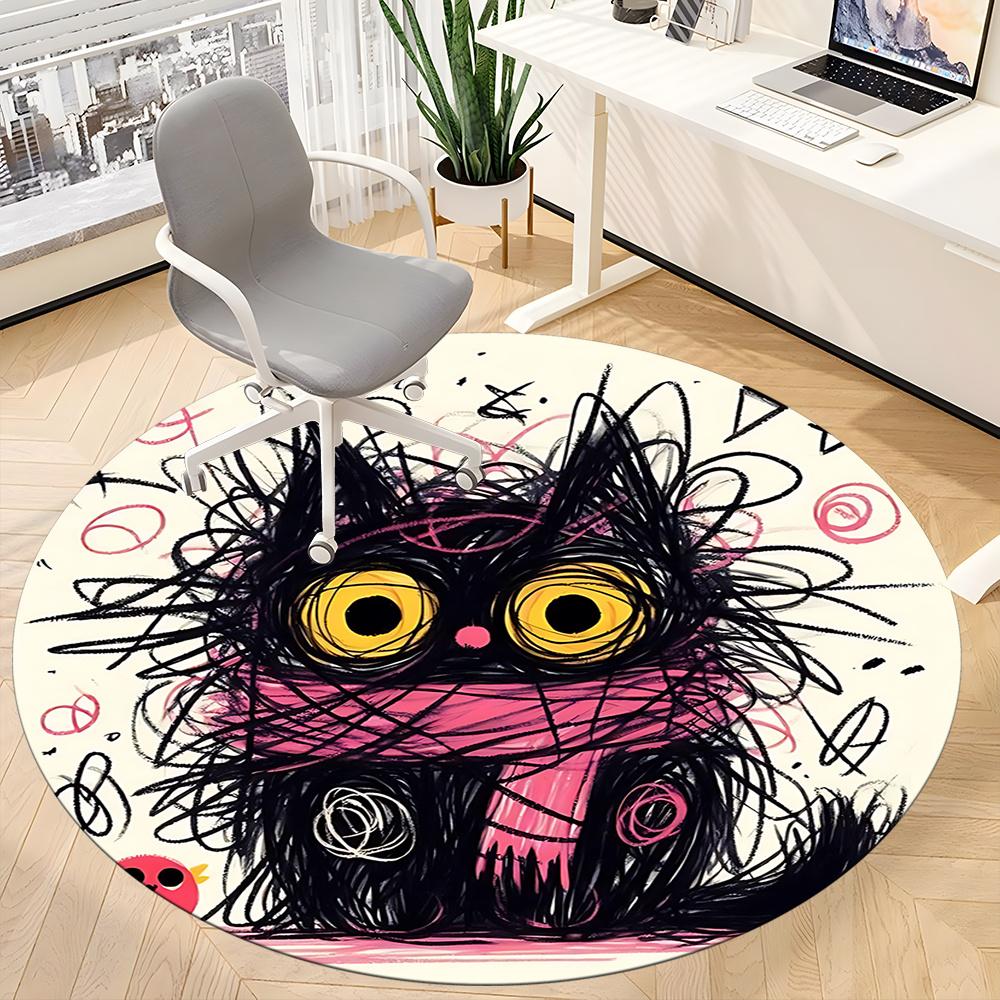 1pc Whimsical Feline Office Round Area Rug, Indoor Mat Suitable ForOffice, Under Office Chairs Bedroom Living Room Home Decor, Room Deco u44