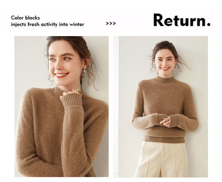 Women's Cashmere Half-High Collar Solid Color Pullover Sweater for Autumn/Winter - Loose, Thickened, Knit Base Layer