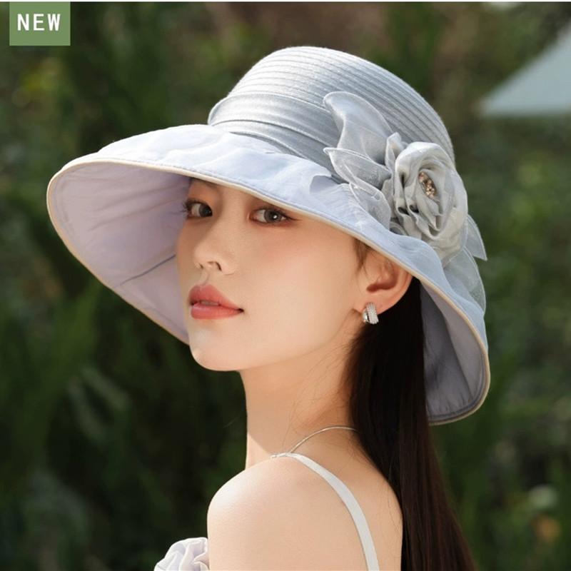 Elegant Organza UV Protection Hat Summer Ladies Outdoor Flower Sun Hat Mom's Hat