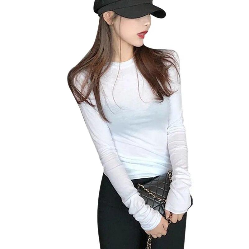 

Весенне-осенняя сексуальная женская футболка с круглым вырезом и длинным рукавом, корейская облегающая футболка, повседневные однотонные топы