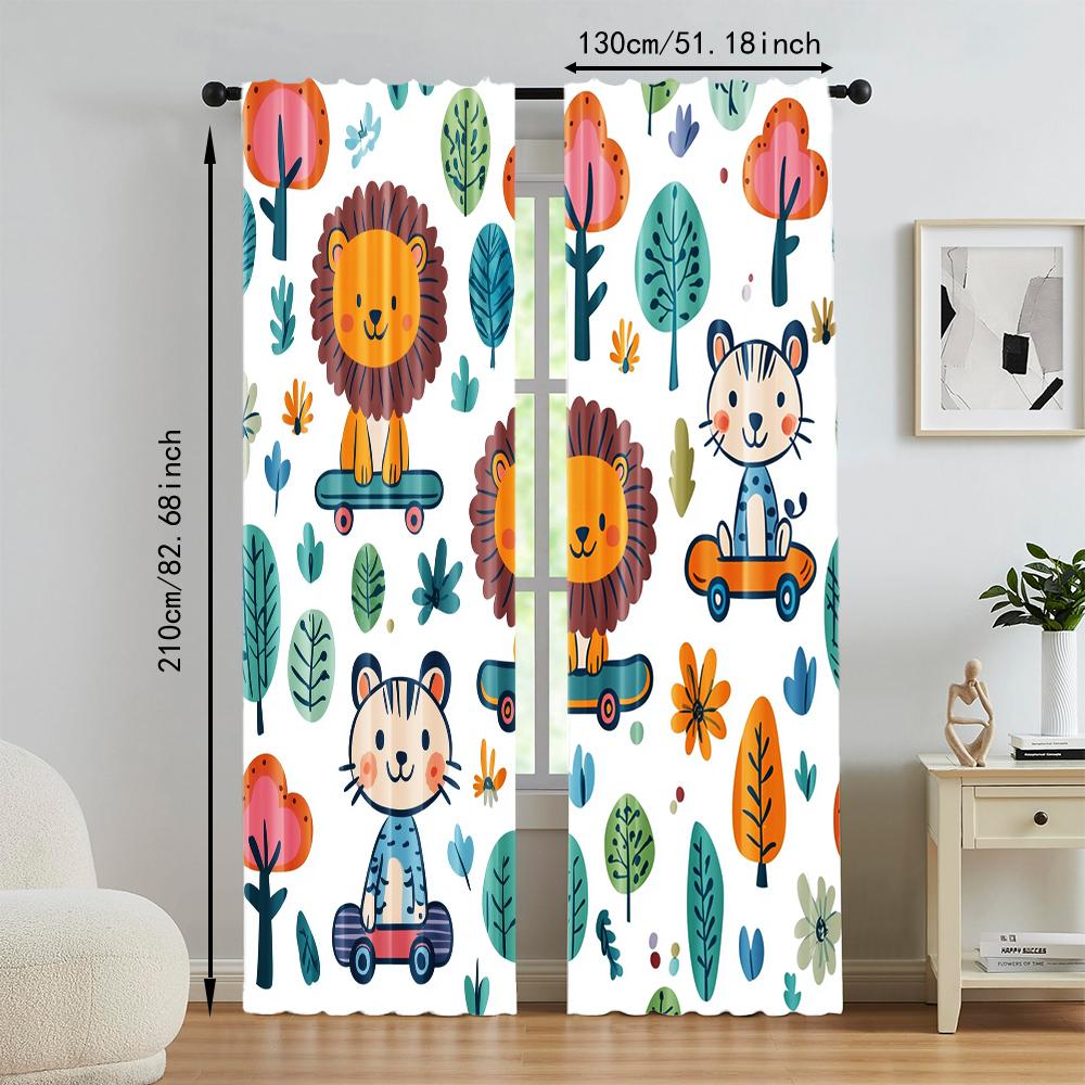 2 Pcs, Versatile Polyester Transparent Curtains for Home Decoration Cute Little Lion And Tiger Cartoon for Use In Bedrooms and