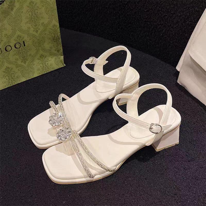 One word with crystal thick heel women's sandals 2025 new fashion bow fairy style beautiful open toe simple