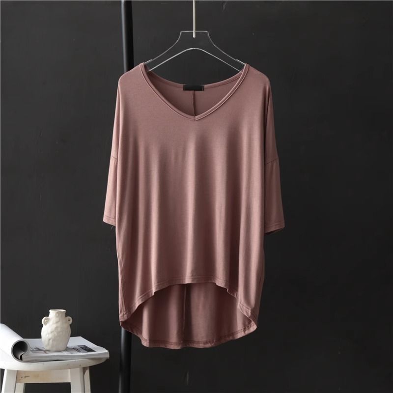 V-neck Undershirt Women's Five Quarter Sleeved T-shirt Summer Thin Plus Size Loose Sleepwear Mid Sleeved Korean Top