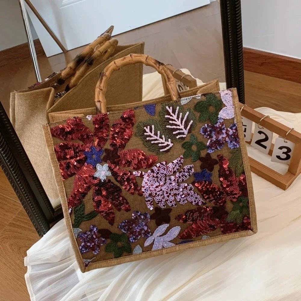 Colorful Sequins Bamboo Knot Handbag Large Capacity Chinese Style Lace Weaving Tote Bags Bamboo Knot Retro