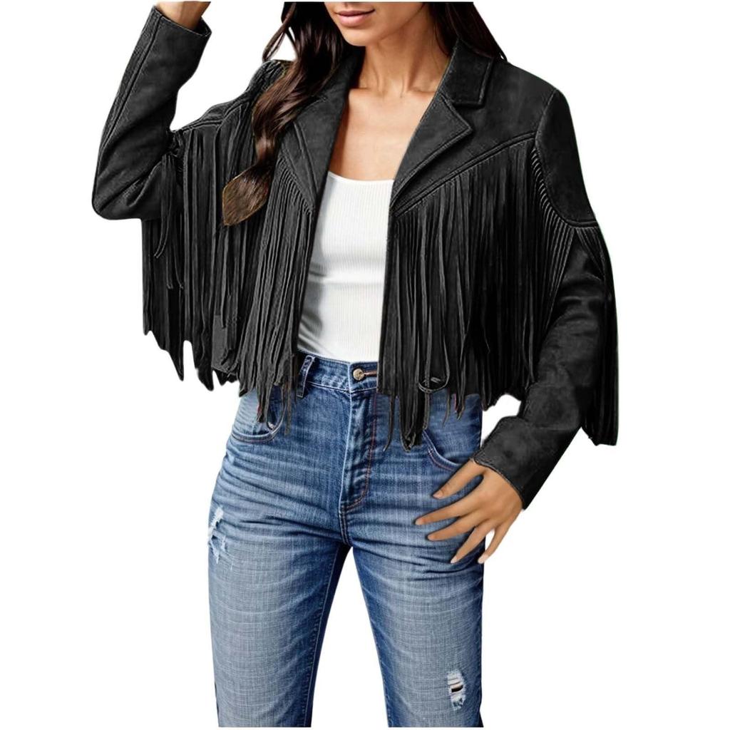 Women Faux Suede Leather Tassel Jackets - Vintage Lapel Open Front Cowboy Style Long Sleeve Tassels Cardigan Coat Tops