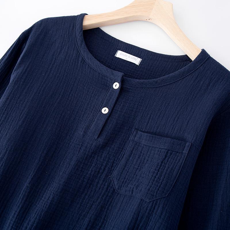 Men's Up Two Button Round Neck Pullover Tops with Pocket and Long Pants Casual Home Nightwear Men Sleepwear Set Four Seasons