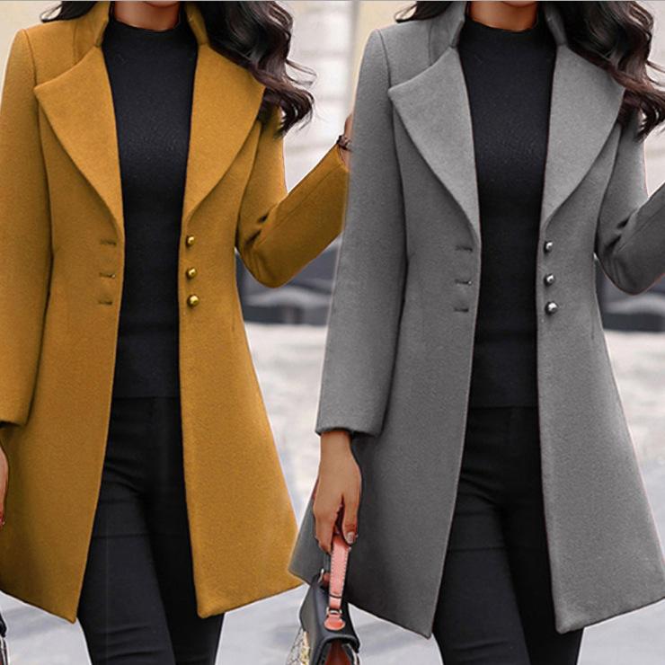Abrigo de lana para mujer, de color liso, fino, con solapa larga, estilo europeo y americano, para otoño e invierno