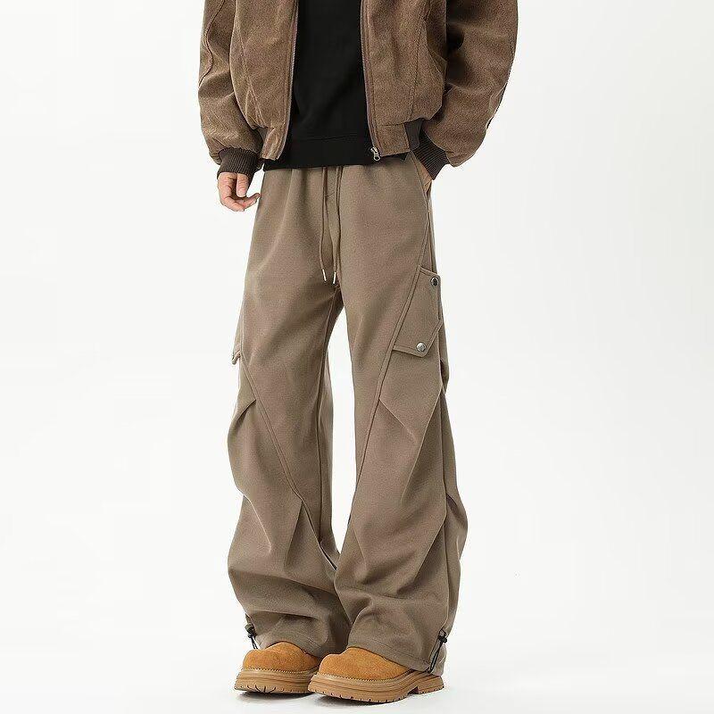Men's Trendy Spring/Autumn Pleated Wide-Leg Overalls - Stylish, Handsome, and Casual Straight-Leg Trousers.