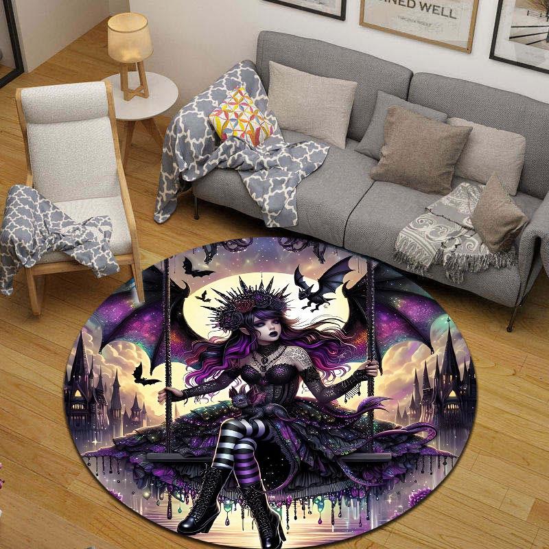 Playful Round Halloween Multicolor Floor Rug, Non-Slip Floor Mat for Laundry Room