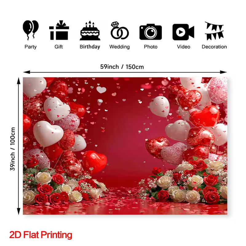 2D Red Heart Balloon Photography Backdrop for Valentine's Day